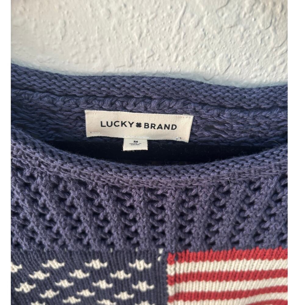 Lucky Brand Sweater Knit Crewneck American Flag 4th of July Medium $99 Navy - Picture 3 of 8